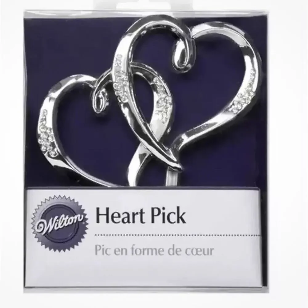 Wilton Double Heart‎ Jeweled Silver Plastic Pick for Cake Topper Decoration NEW
